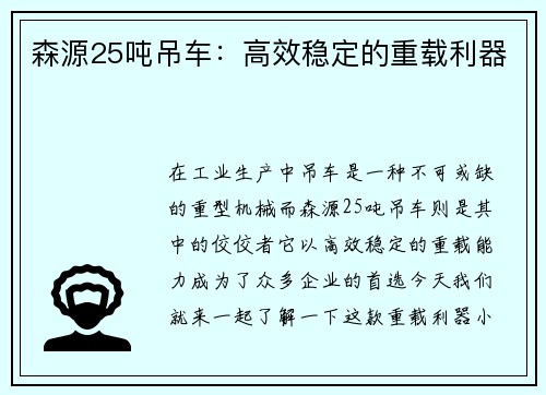森源25吨吊车：高效稳定的重载利器