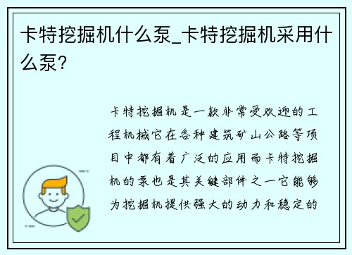 卡特挖掘机什么泵_卡特挖掘机采用什么泵？