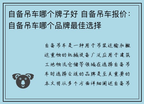自备吊车哪个牌子好 自备吊车报价：自备吊车哪个品牌最佳选择